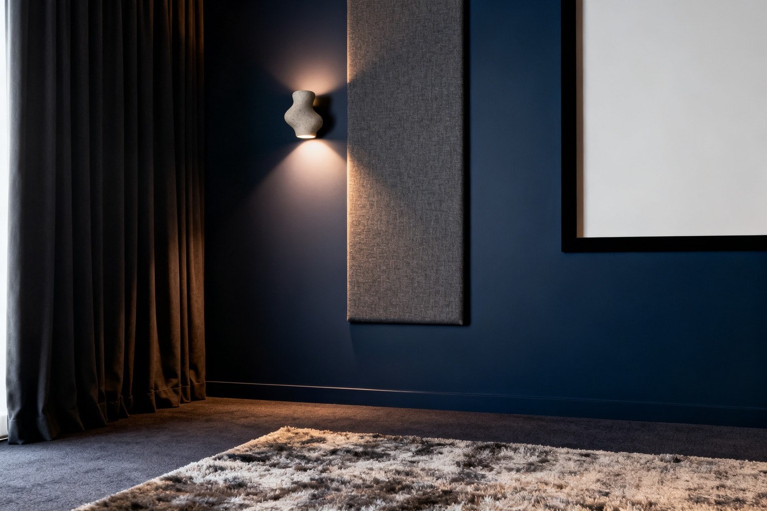 Angle d'une pièce home cinéma, mur bleu nuit, panneau acoustique en tissu et rideau occultant