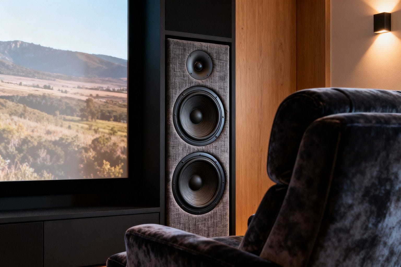 Enceintes habillées de tissu et fauteuils en velours dans un salon home cinéma feutré