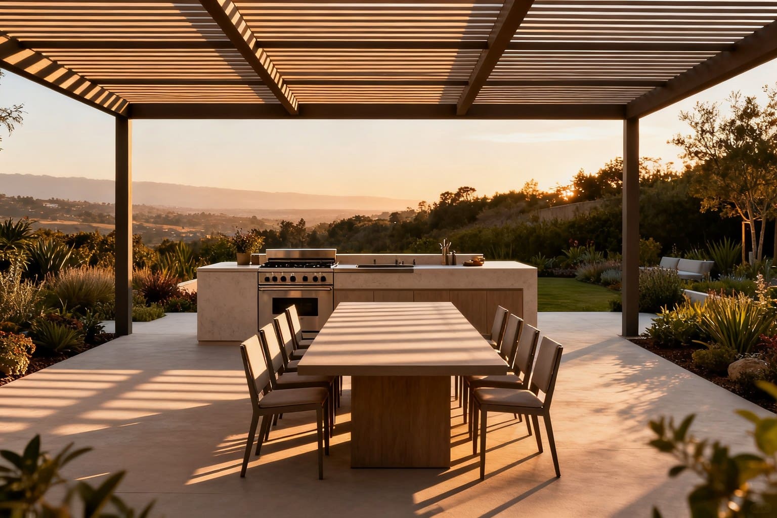 Îlot de cuisson sous une pergola à lames, face à une longue table et ses chaises, au coucher du soleil