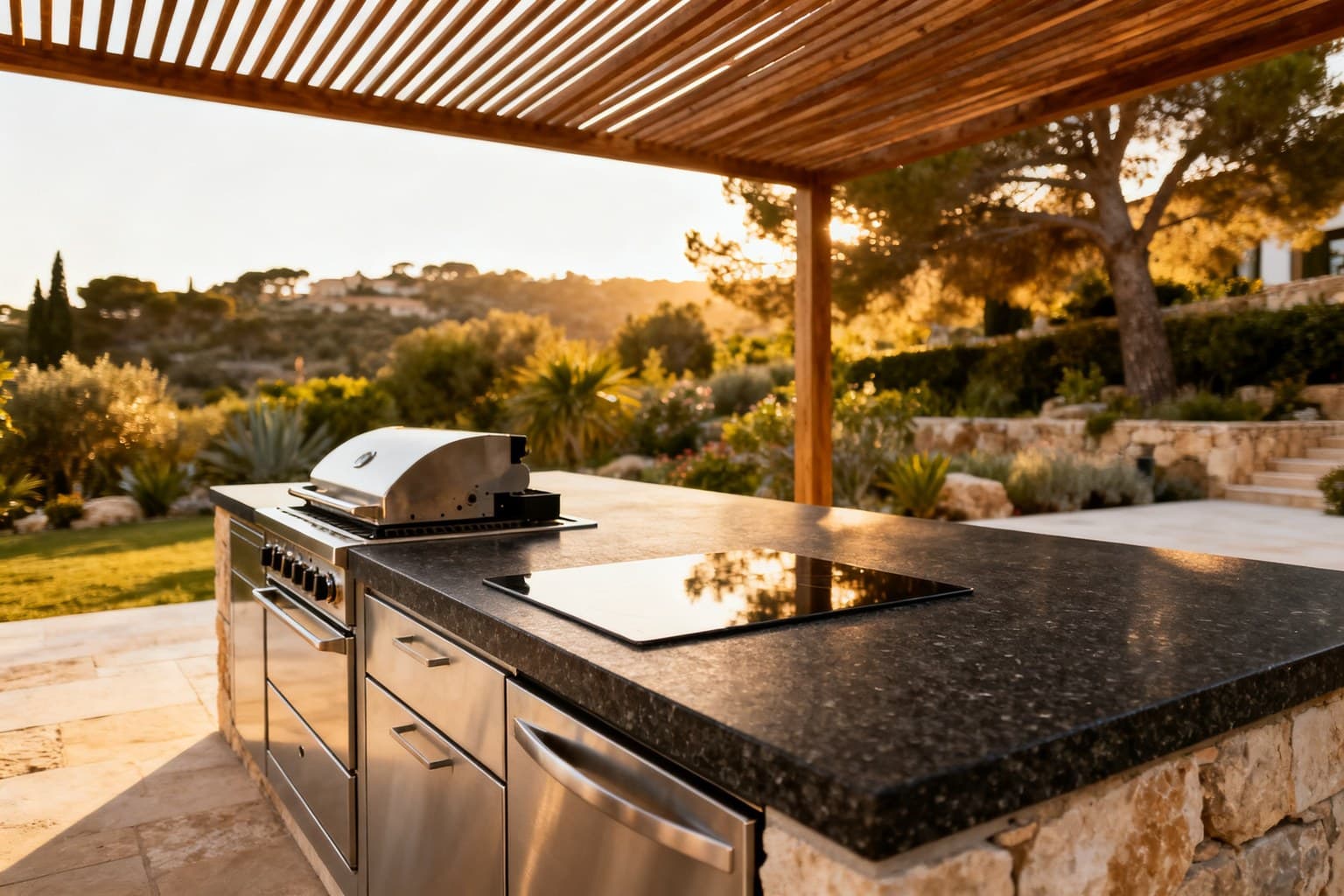 Îlot de cuisine d'extérieur en pierre, plan de travail en granit noir et façades inox, sous une pergola en bois