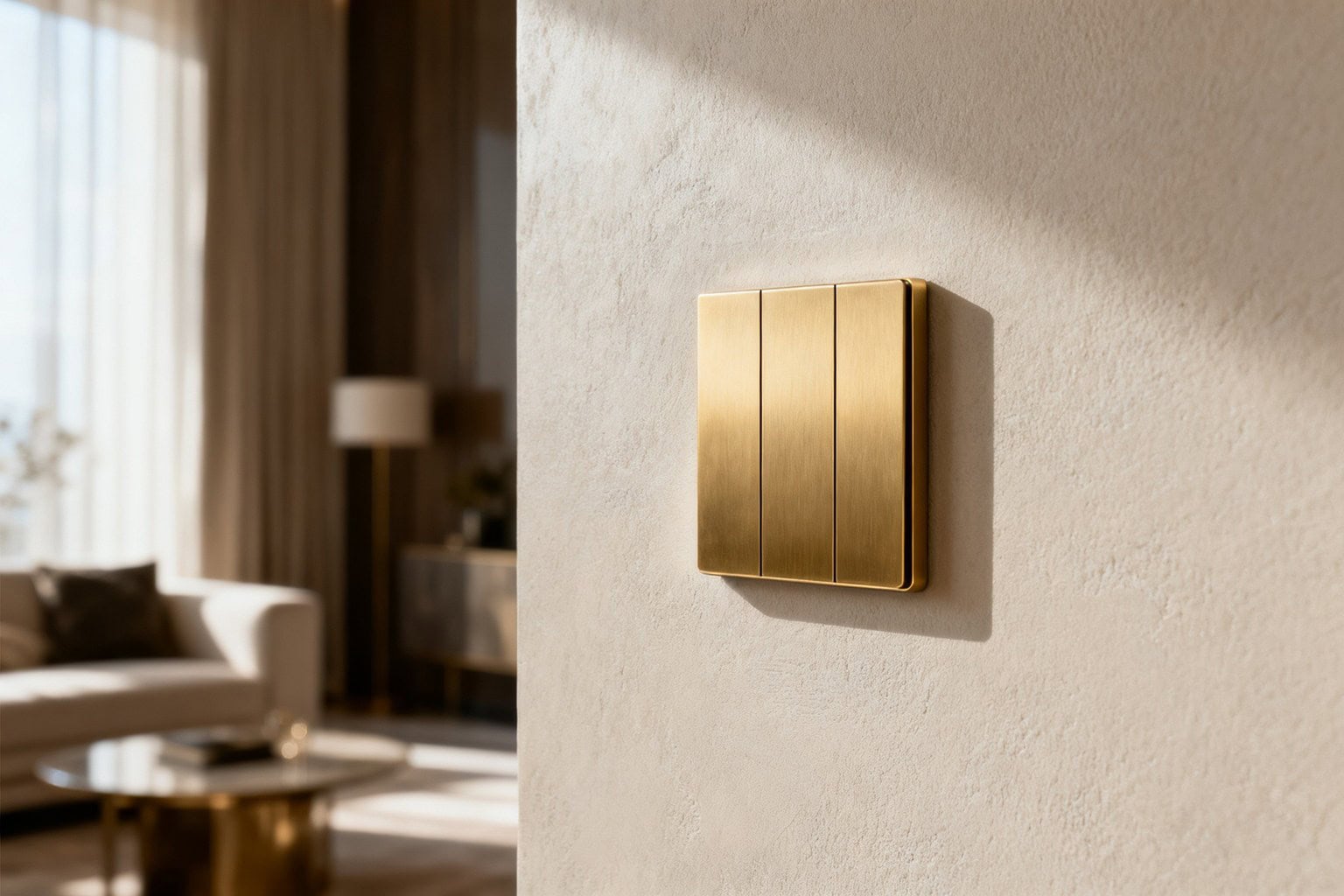 Clavier de commande en laiton brossé encastré dans un mur en enduit clair, salon élégant en arrière-plan flou