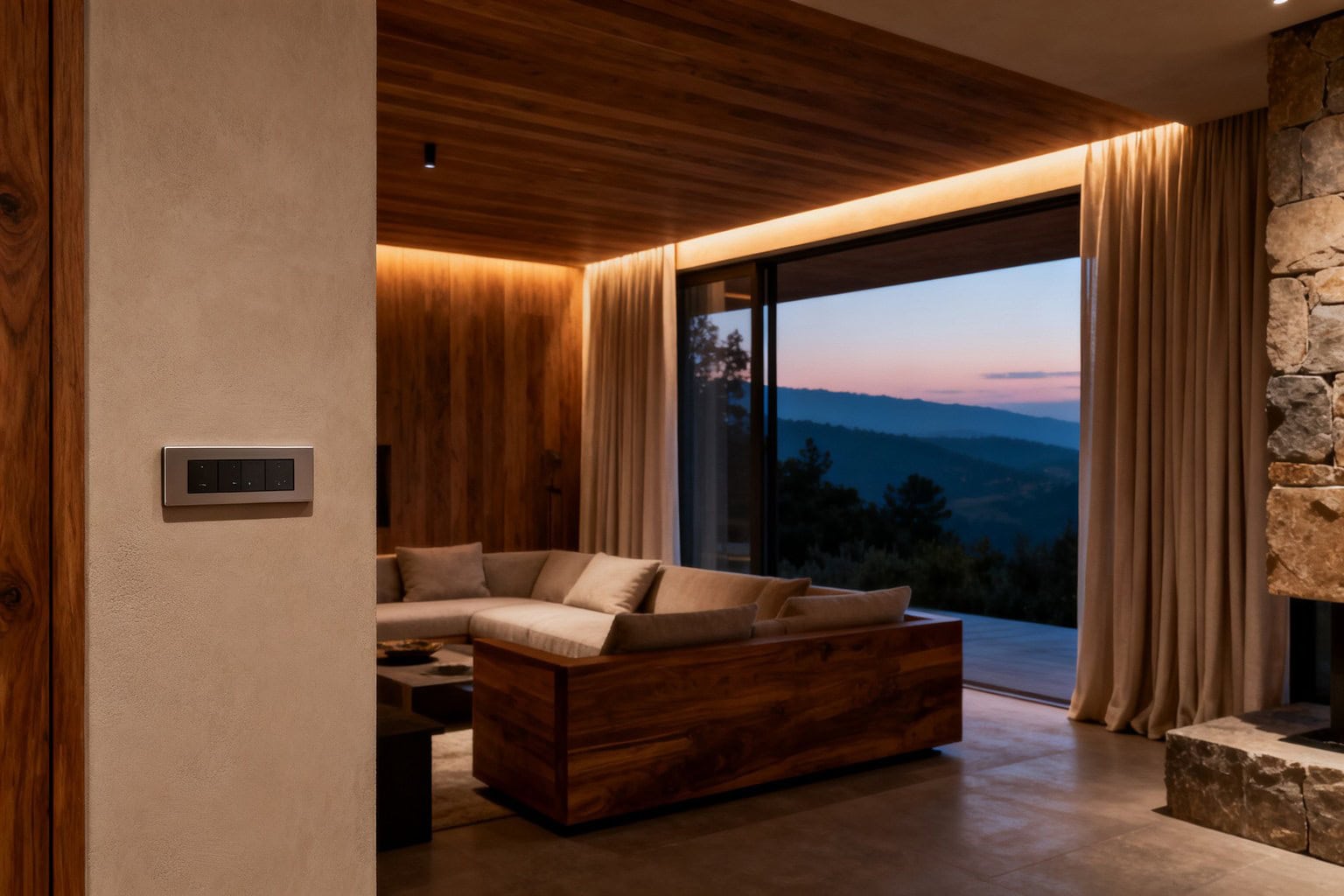 Salon contemporain au crépuscule avec clavier de commande encastré dans un mur en enduit et éclairage chaud intégré