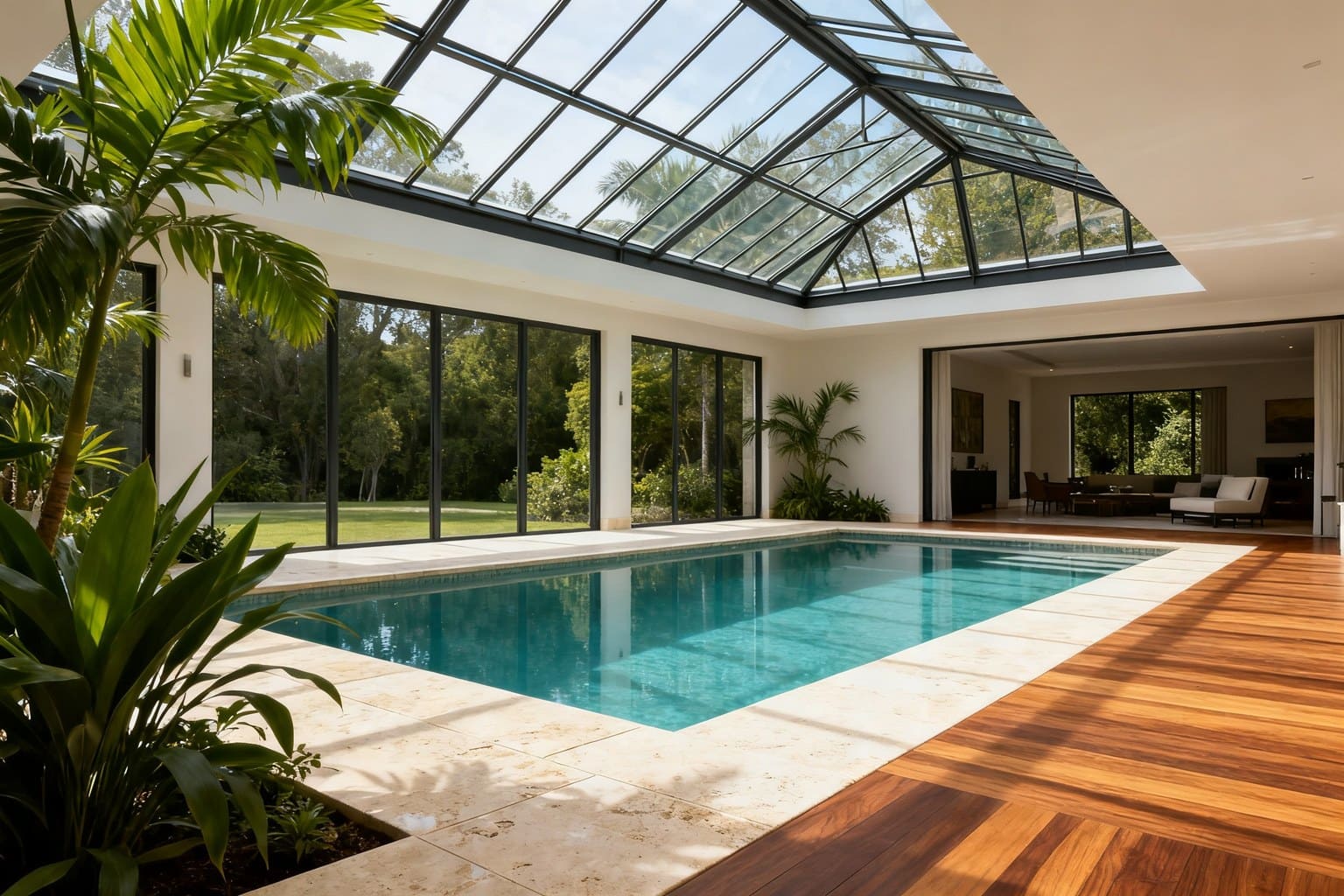 Piscine intérieure sous une verrière en verre et acier, plage en travertin et parquet, plantes vertes et baies vitrées