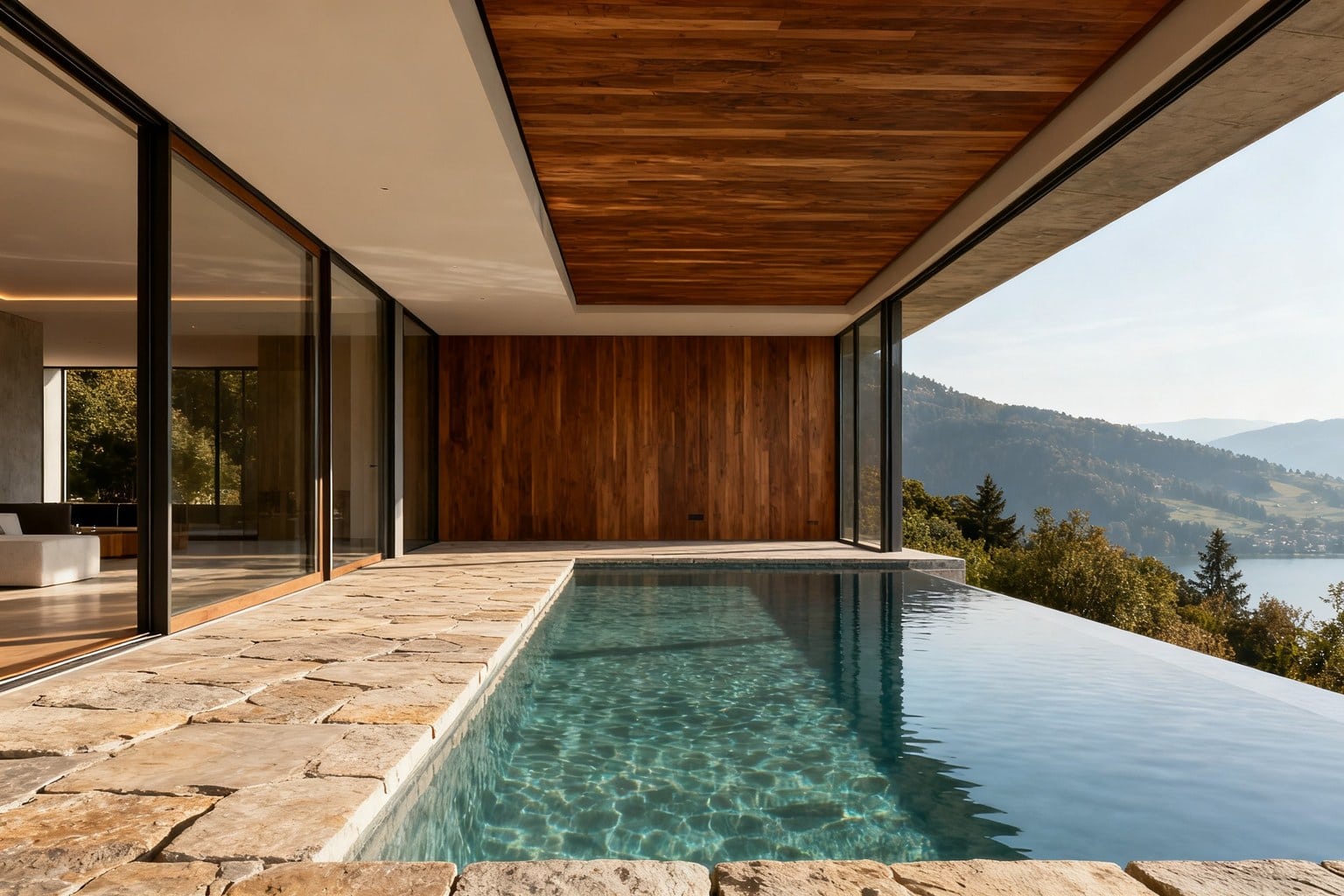 Piscine intérieure d'une maison contemporaine, terrasse en pierre et plafond bois, baies vitrées ouvertes sur la montagne