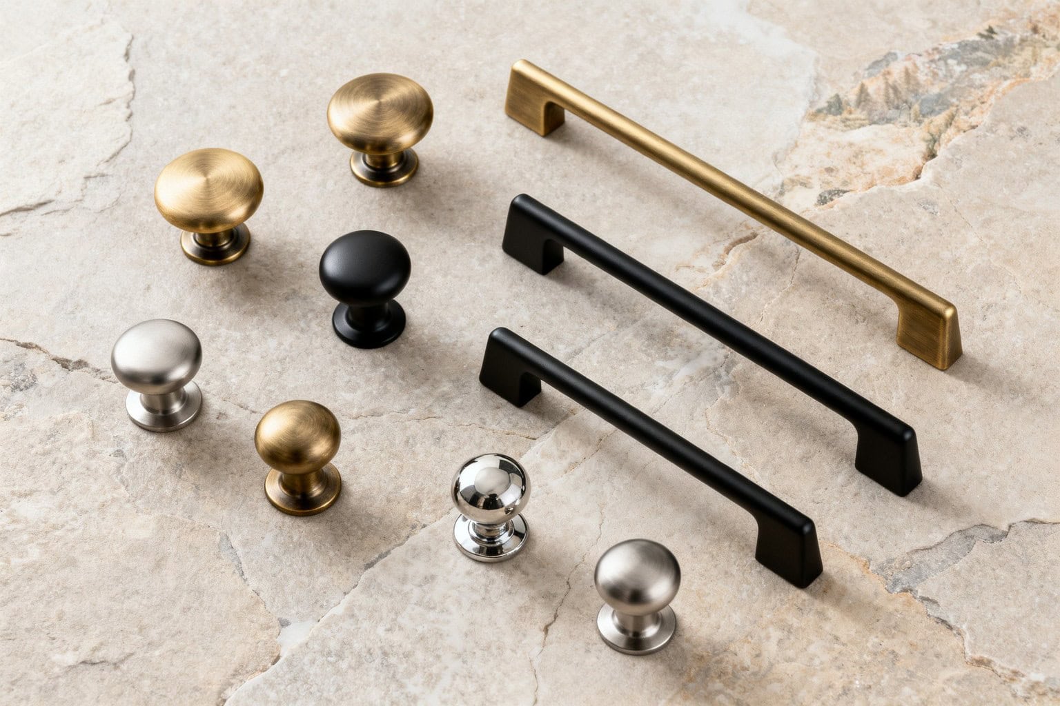 Boutons et poignées de meuble en laiton, noir mat, nickel satiné et chrome posés sur une pierre claire
