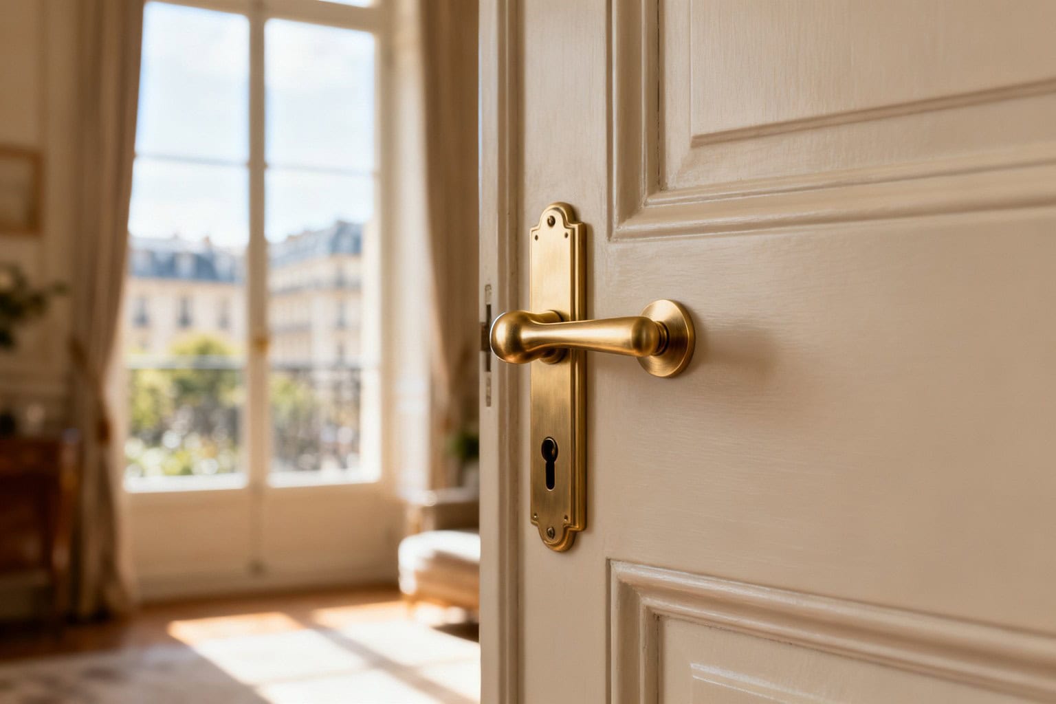 Poignée de porte en laiton brossé sur une porte claire, appartement parisien lumineux en arrière-plan