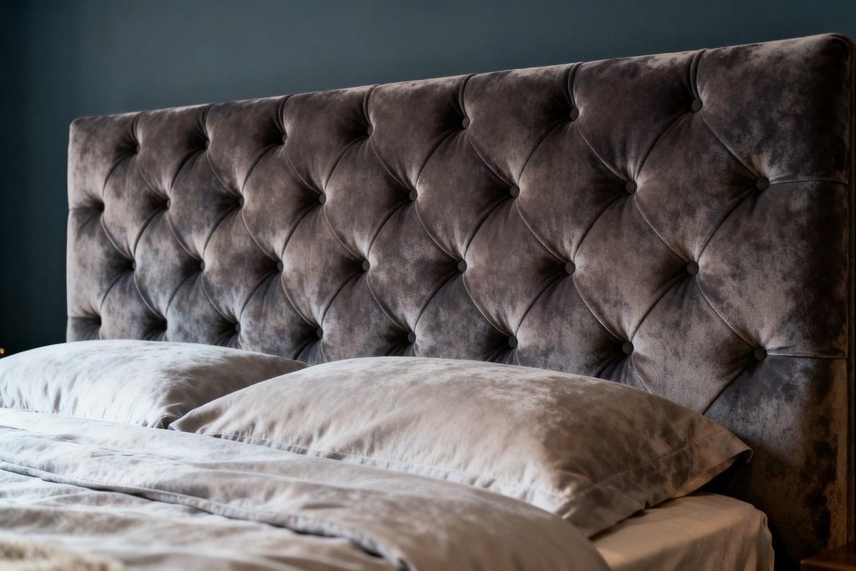 Gros plan sur une tête de lit capitonnée en velours aux reflets profonds
