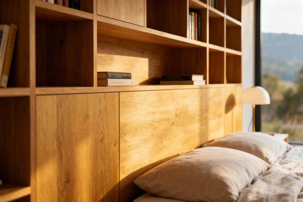 Tête de lit en bois intégrant des niches et une petite bibliothèque au-dessus du lit