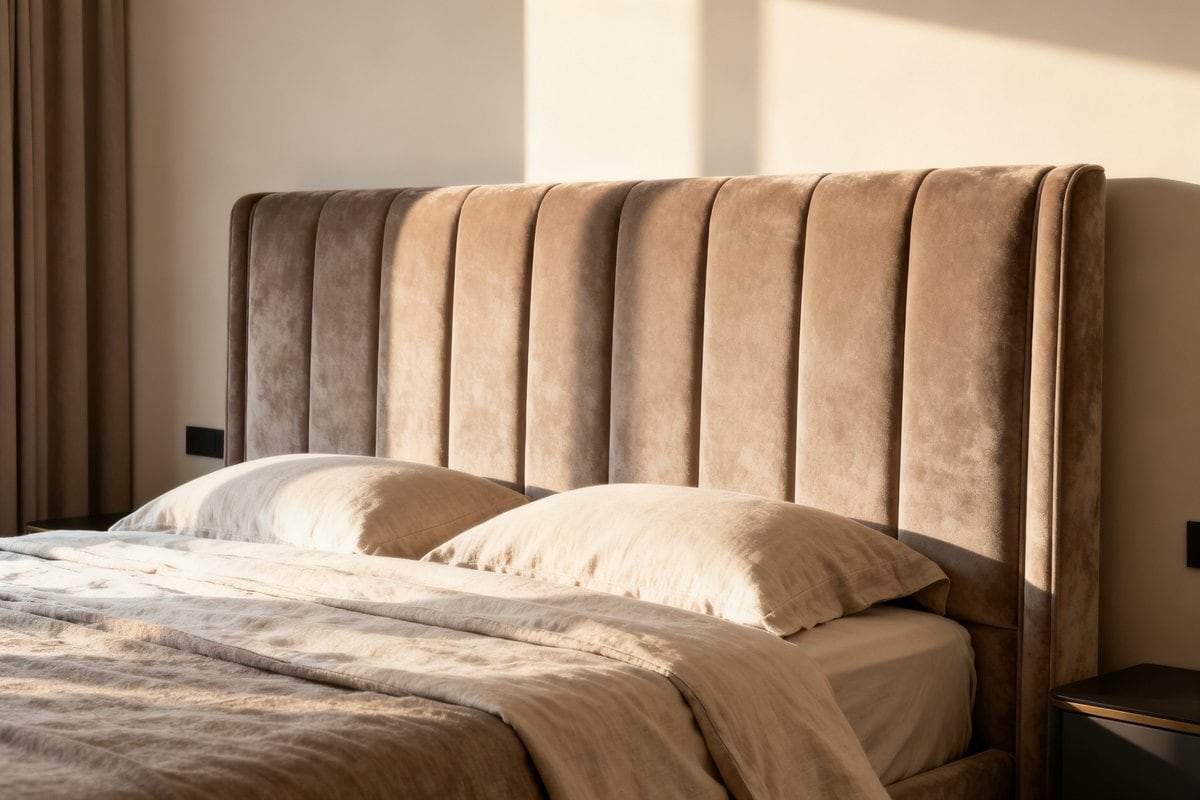 Chambre contemporaine avec une tête de lit capitonnée en velours dans des tons neutres