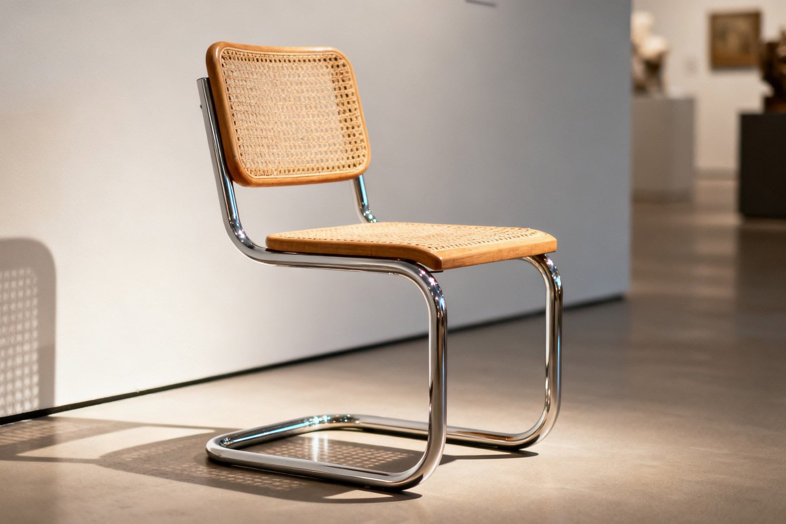 Chaise cantilever au piètement en tube d'acier chromé et assise en cannage, dans une galerie