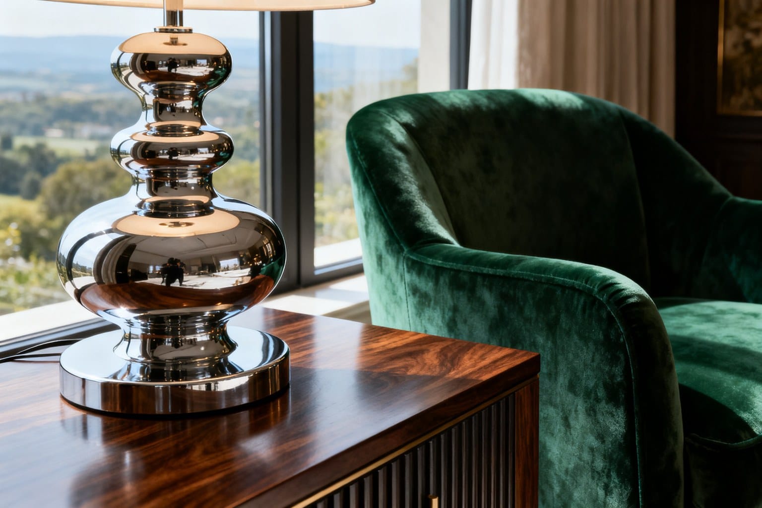 Pied de lampe en chrome poli sur une console en bois foncé, à côté d'un fauteuil en velours vert