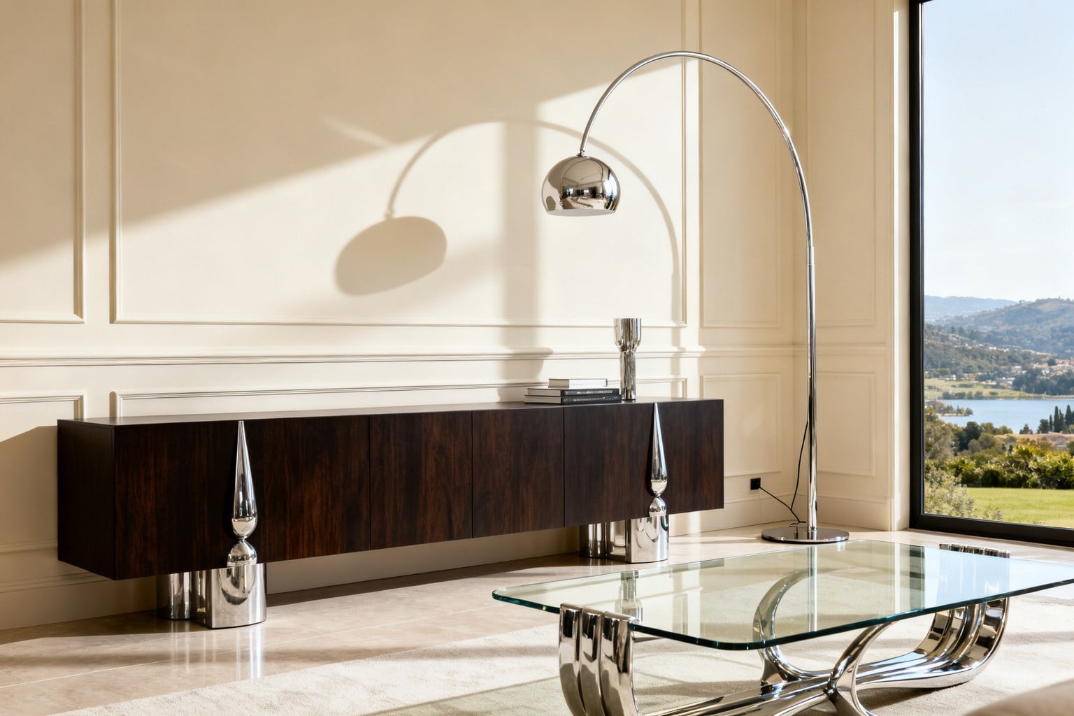 Salon contemporain lumineux avec lampadaire arqué chromé, table basse en verre et console en bois foncé