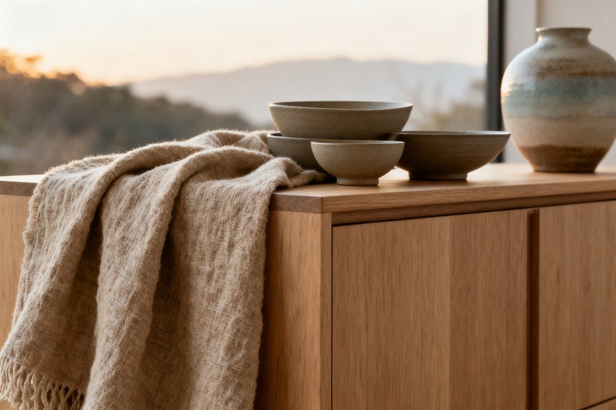 Buffet bas en chêne, plaid en lin et céramiques artisanales aux tons terreux dans un intérieur japandi