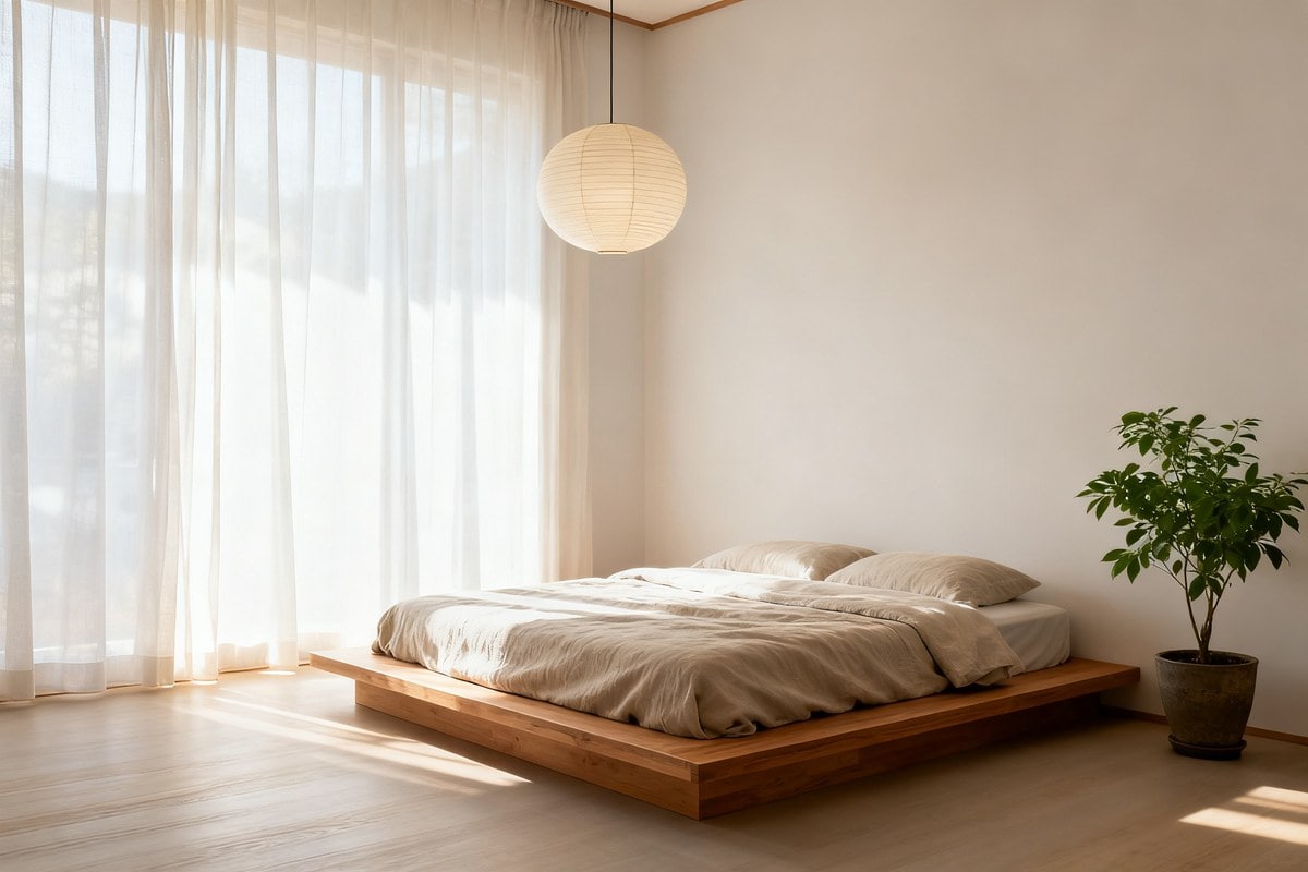 Chambre japandi épurée avec lit bas en bois, suspension en papier et lumière filtrée par un voilage