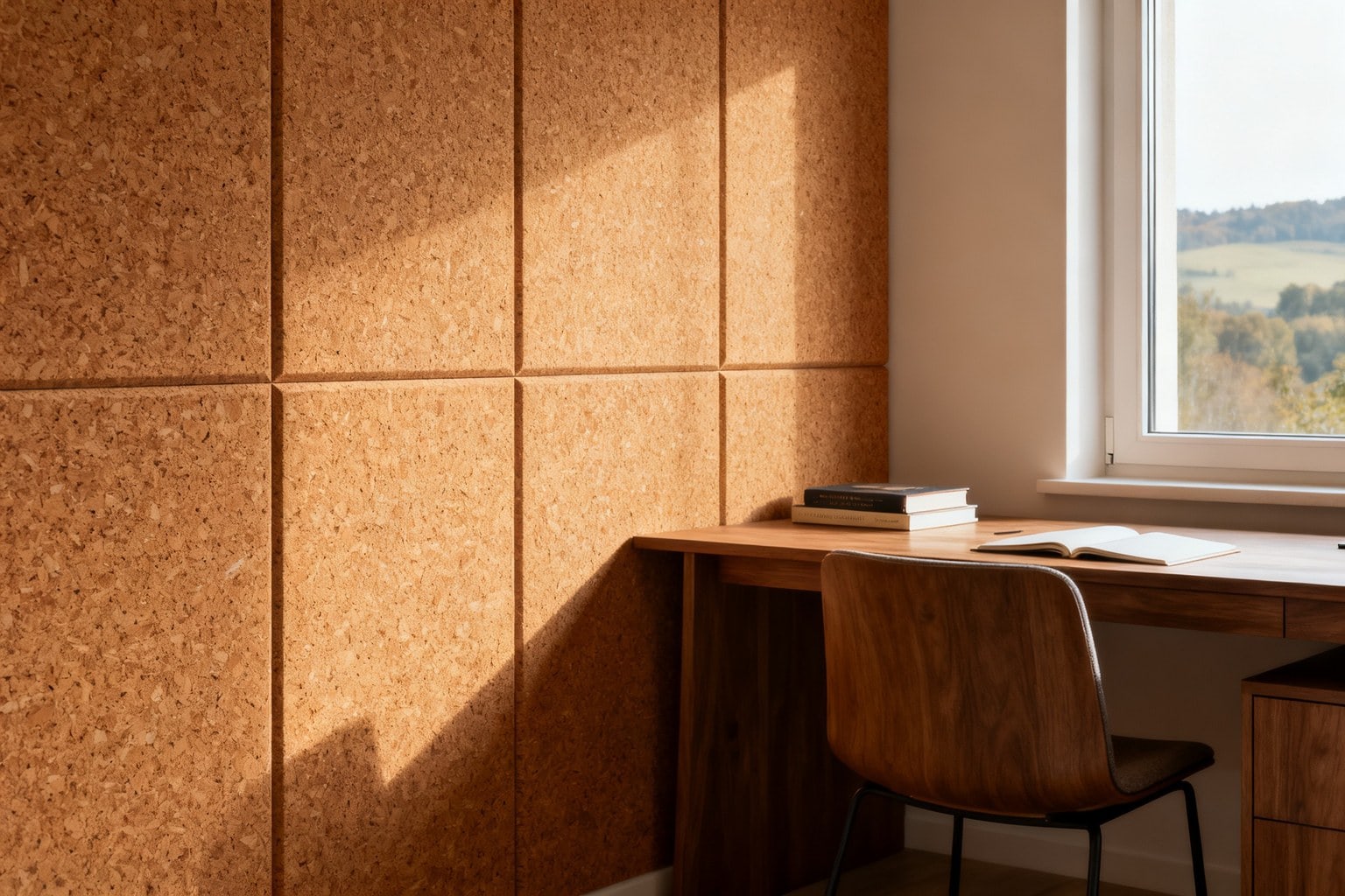 Coin bureau avec un mur en panneaux de liège, bureau et chaise en bois près d'une fenêtre