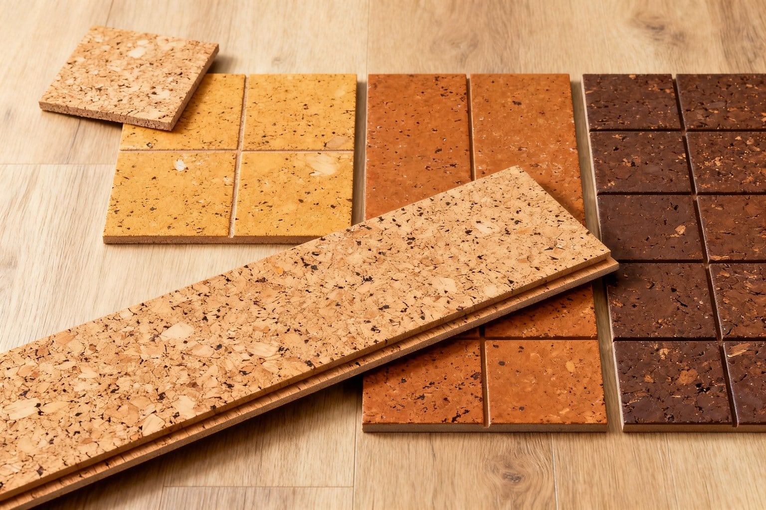 Lames et dalles de liège aux teintes miel, caramel et brun posées sur un sol en chêne clair