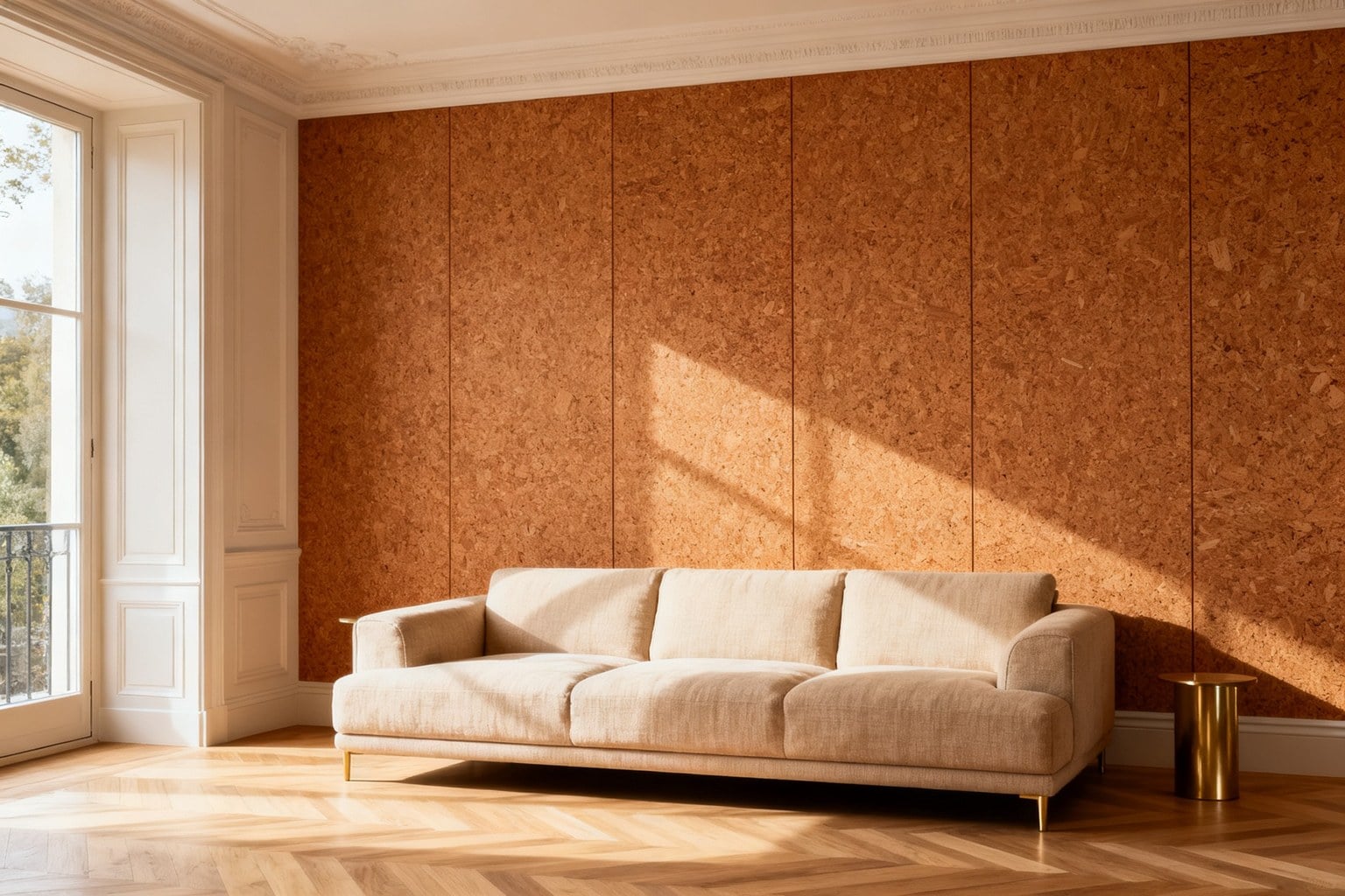 Salon contemporain avec un mur en panneaux de liège miel, canapé en lin et parquet en chevron