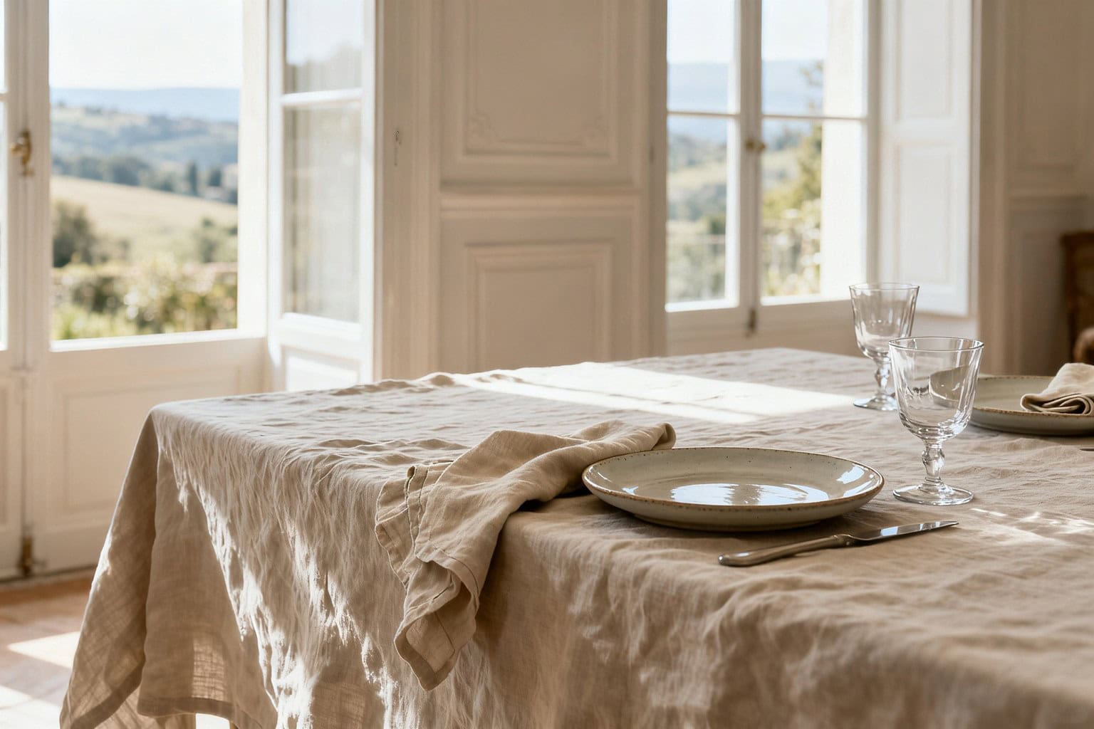 Table dressée d'une nappe et de serviettes en lin lavé aux tons naturels dans une salle à manger lumineuse