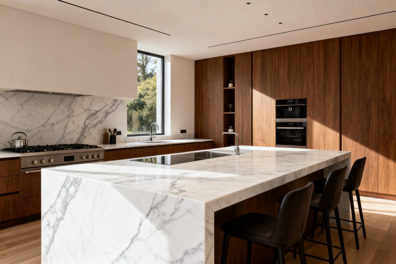 Cuisine contemporaine avec îlot central et plan de travail en marbre blanc veiné de gris
