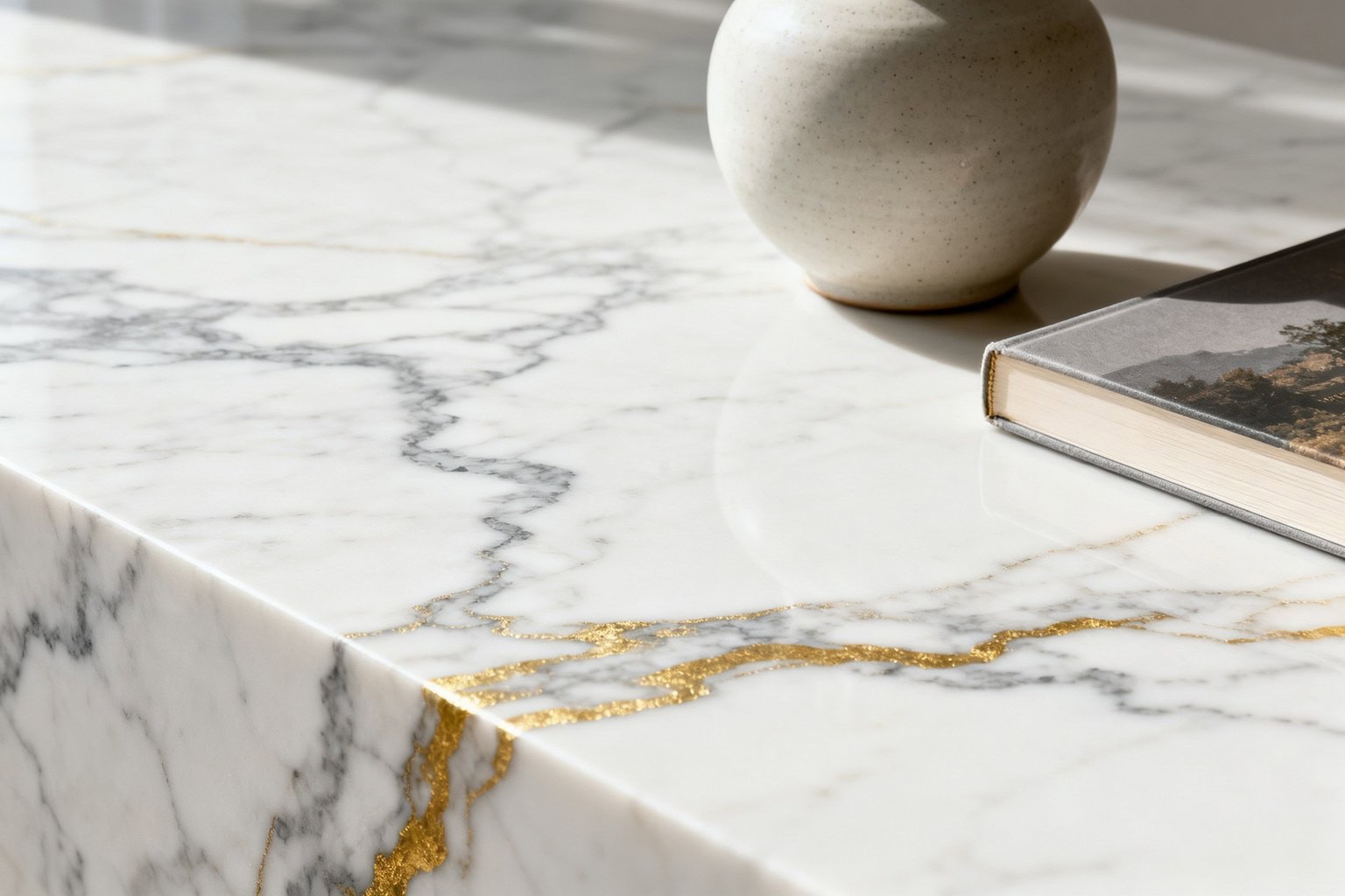 Gros plan sur une surface de marbre blanc aux veines grises et dorées, vase et livre posés dessus