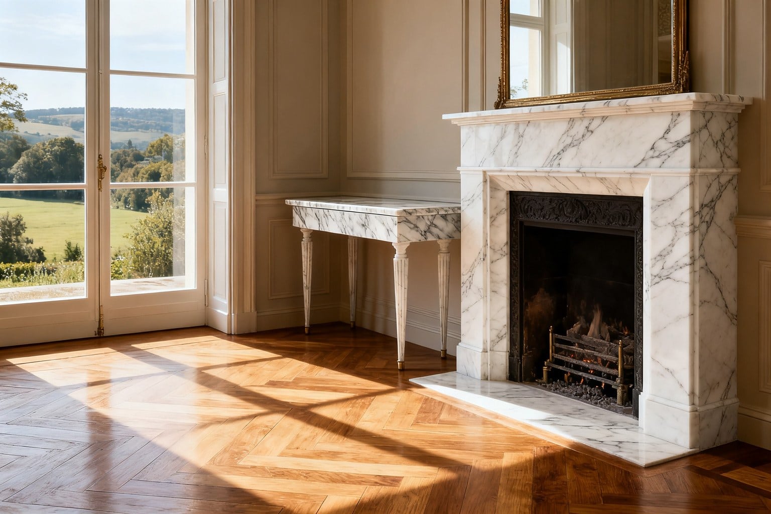 Salon raffiné avec cheminée et console habillées de marbre veiné, parquet clair et lumière naturelle