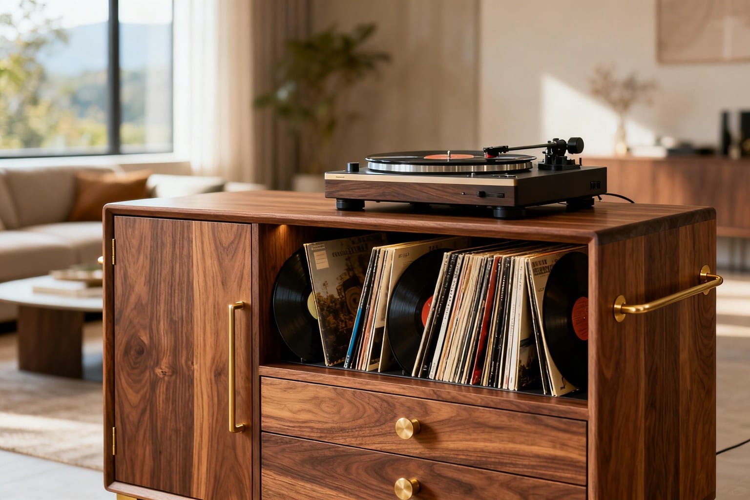 Gros plan d'un meuble hi-fi en noyer avec une platine vinyle et des disques rangés, poignées en laiton
