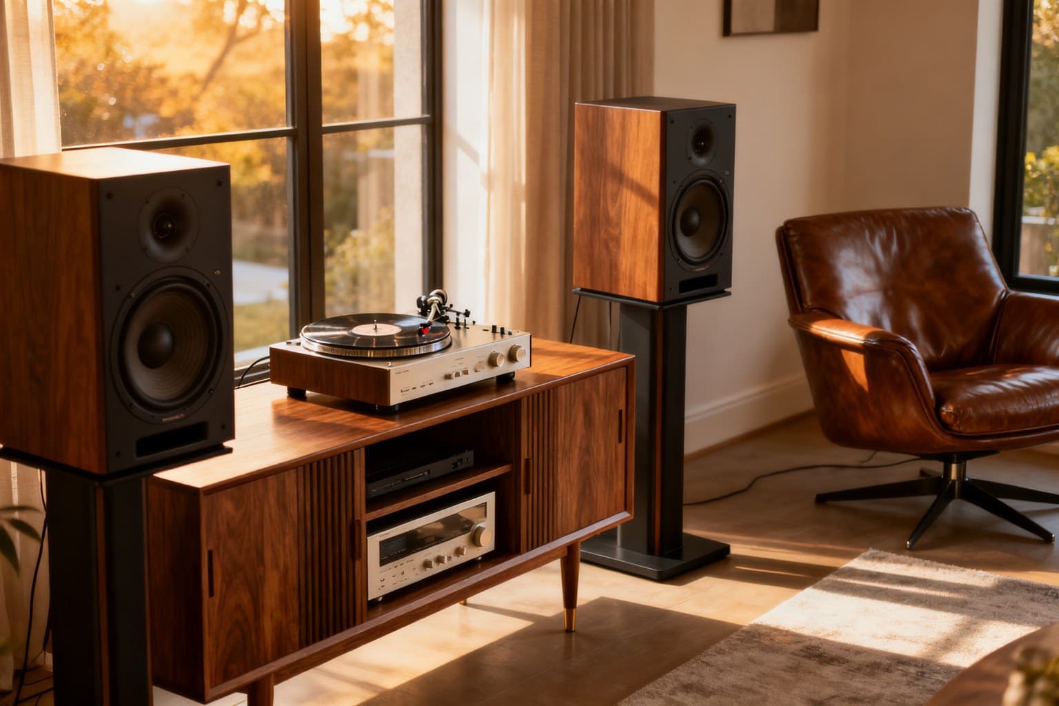 Platine vinyle et amplificateur sur un meuble hi-fi en noyer, deux enceintes et un fauteuil en cuir dans un salon lumineux