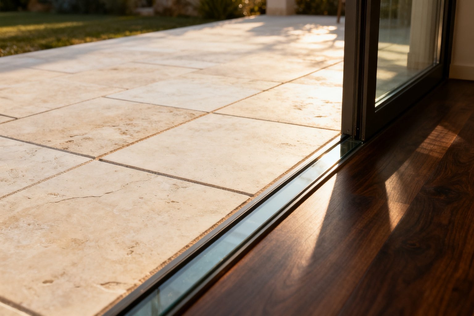 Dalles de travertin clair d'un patio rejoignant un parquet foncé au droit d'un seuil vitré, en lumière rasante