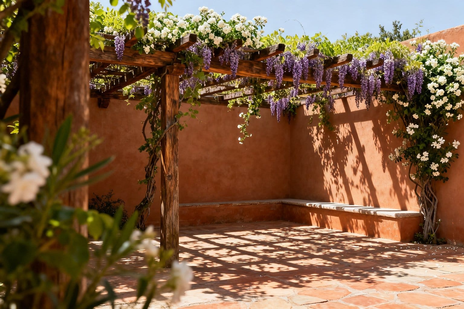 Pergola en bois couverte de glycine et de rosiers blancs au-dessus d'une cour aux murs ocre, ombre tachetée au sol