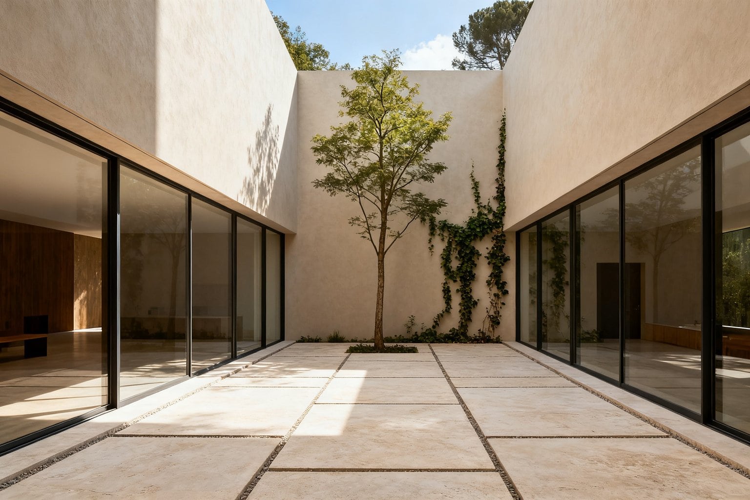 Cour intérieure d'une maison contemporaine, dallage clair, arbre isolé et baies vitrées sous un ciel ouvert