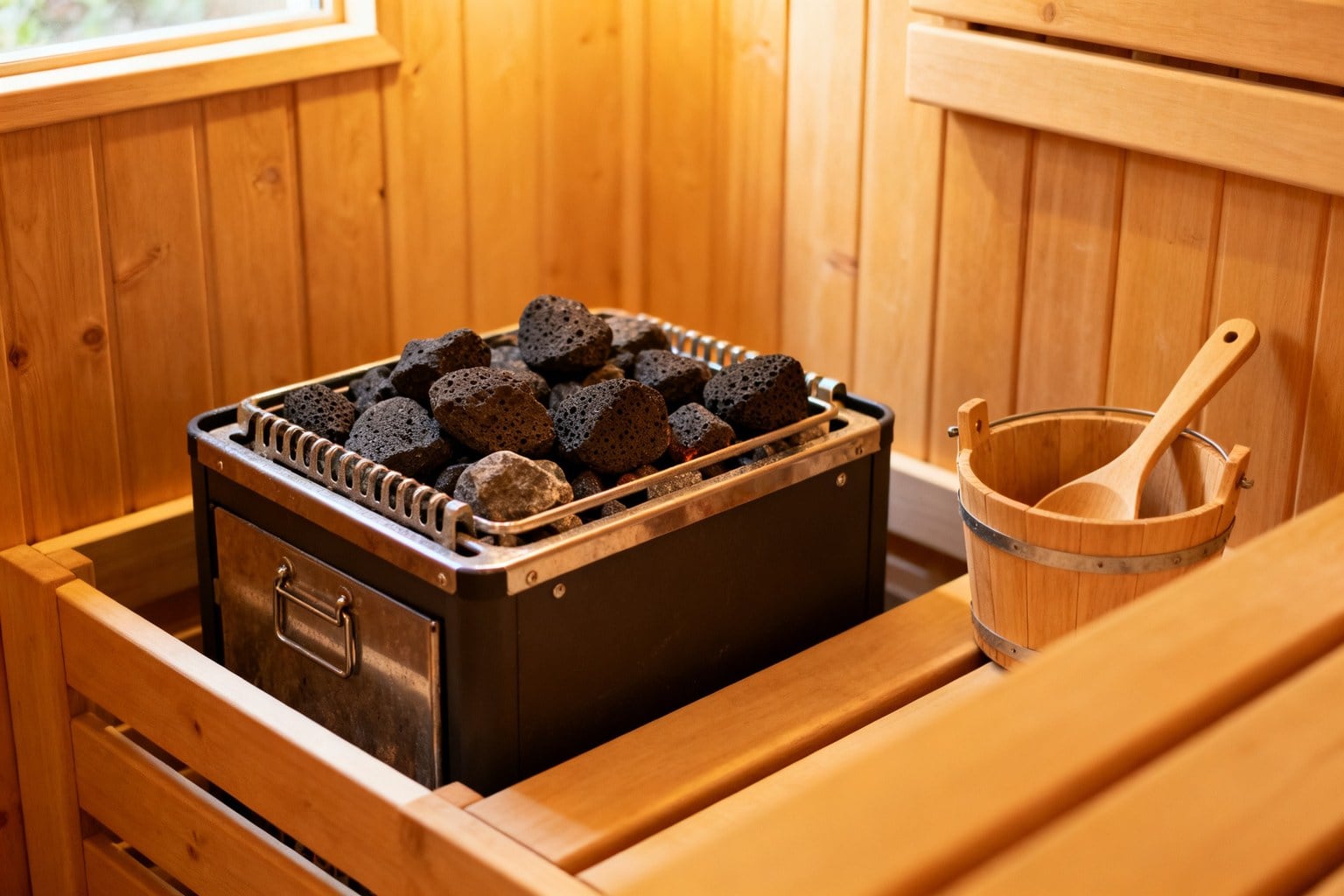 Poêle de sauna finlandais garni de pierres volcaniques, seau et louche en bois posés à côté
