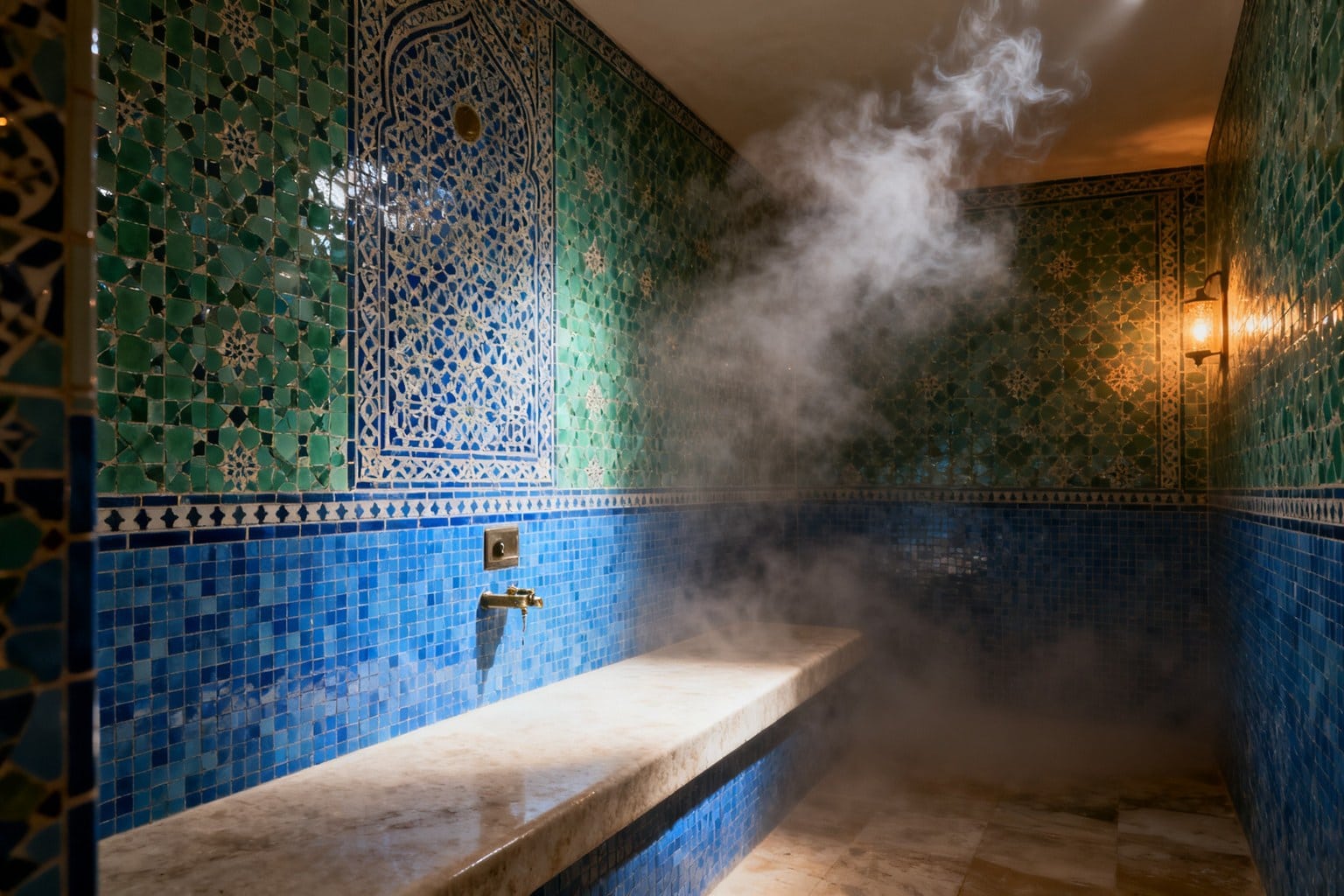Hammam habillé de zellige bleu et vert avec banc en pierre et vapeur en suspension
