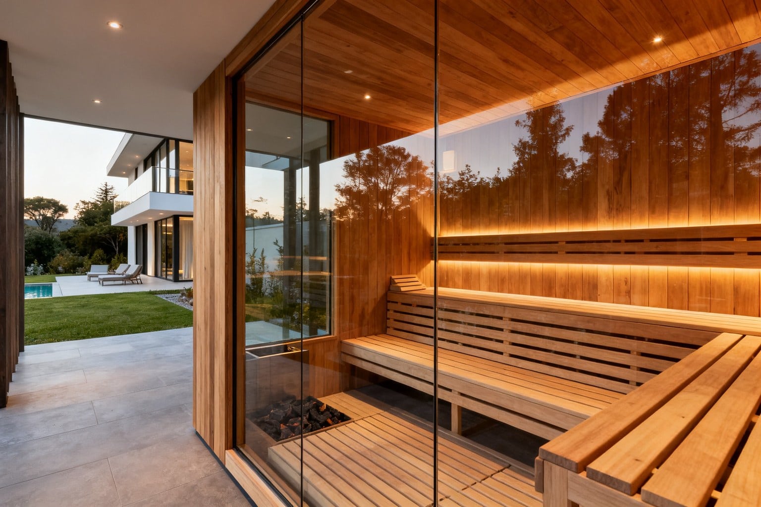 Cabine de sauna vitrée en bois de cèdre intégrée à une maison contemporaine ouverte sur le jardin