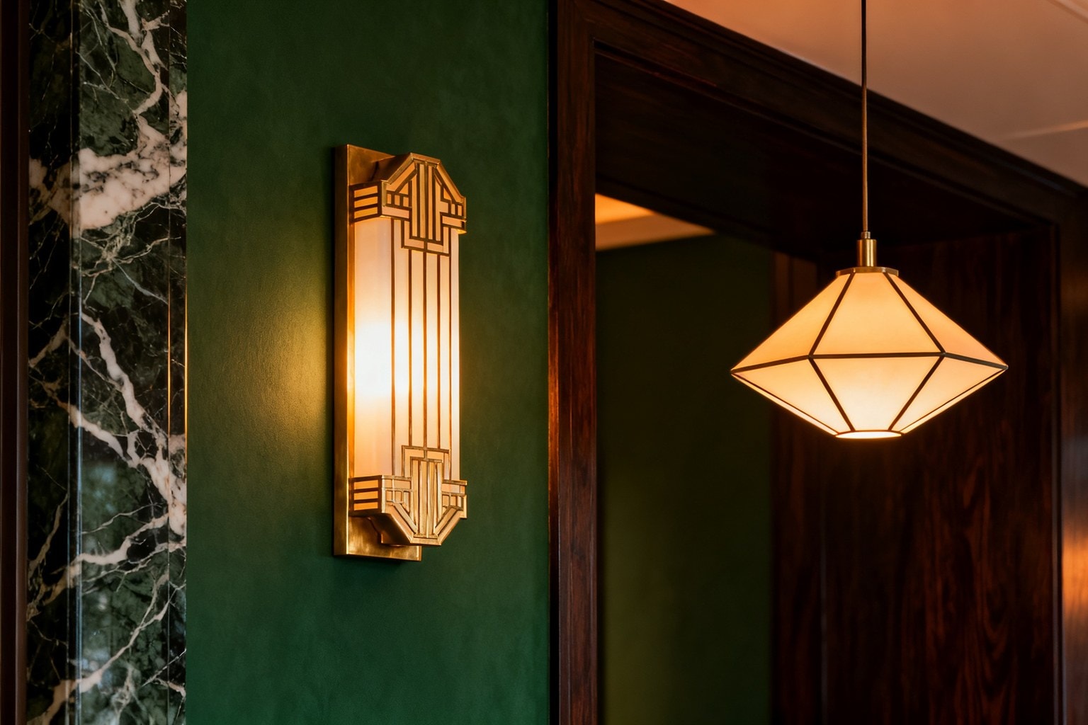 Applique en laiton à décor géométrique et suspension en verre opalin diffusant une lumière chaude sur un mur vert.