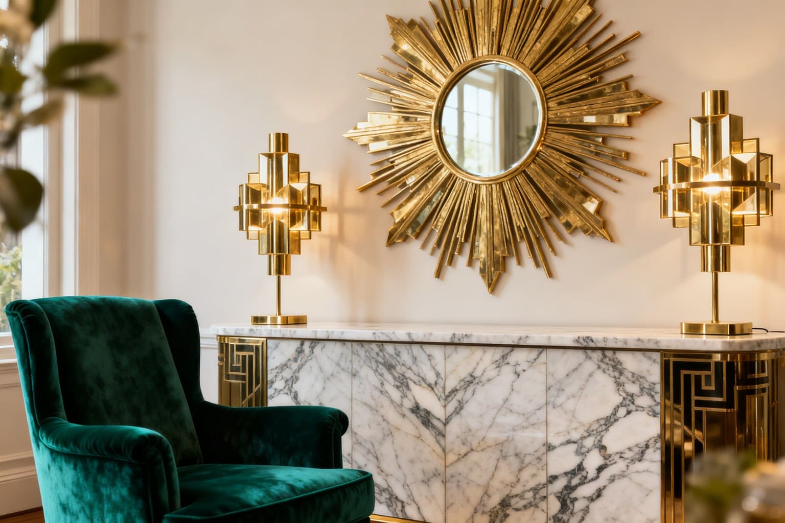 Miroir doré en soleil au-dessus d'une console en marbre veiné, lampes en laiton et fauteuil en velours vert.