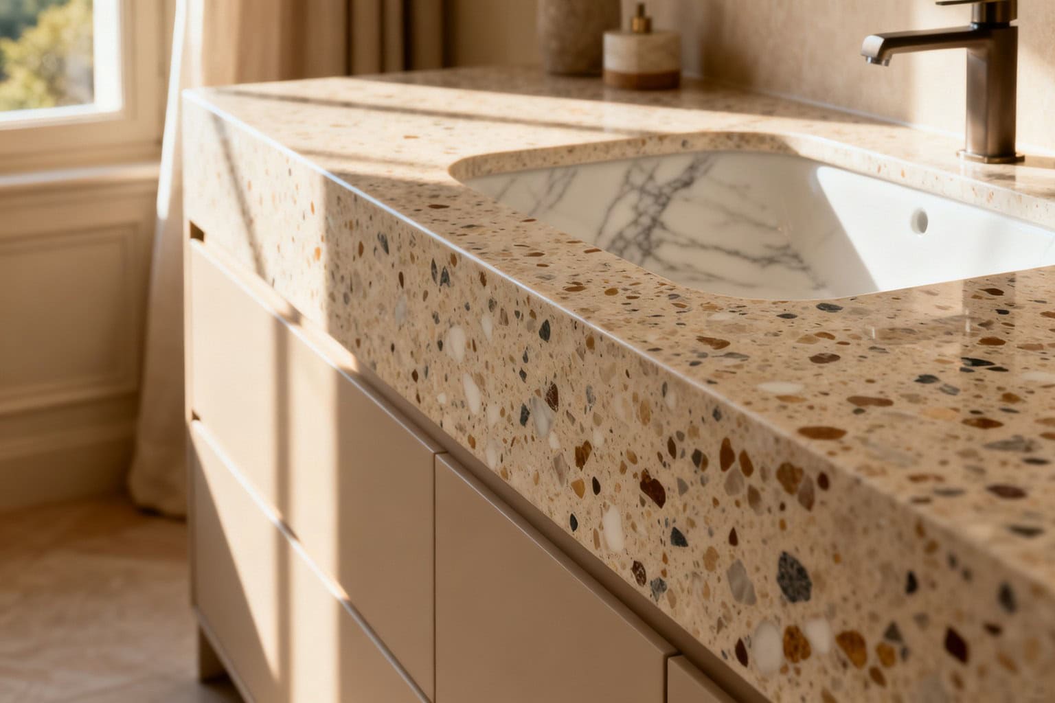 Plan de vasque en terrazzo dans une salle de bains épurée