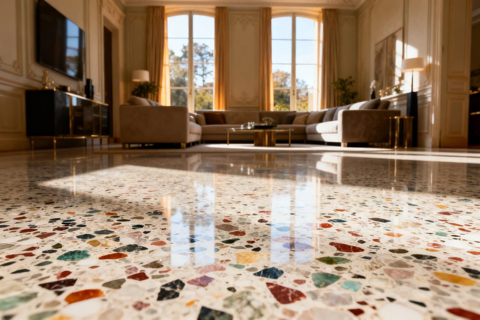 Salon contemporain avec un sol en terrazzo poli aux éclats de marbre