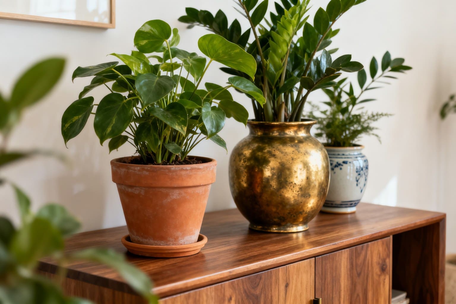 Cache-pots en terre cuite, céramique émaillée et laiton patiné garnis de feuillages sur une console en bois