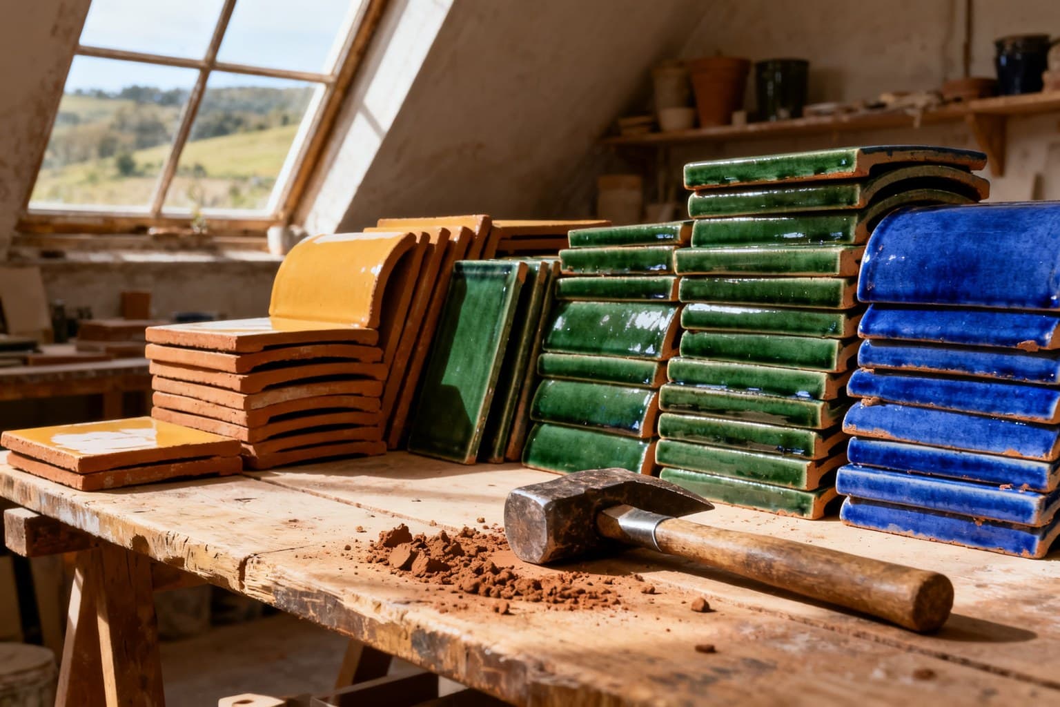 Piles de carreaux de terre cuite émaillés et marteline sur un établi d'atelier