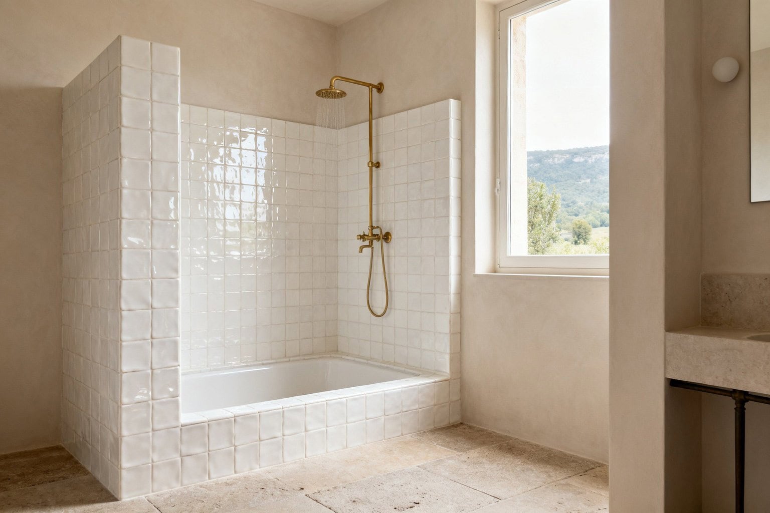 Niche de douche entièrement habillée de zellige blanc cassé brillant, sol en pierre mate