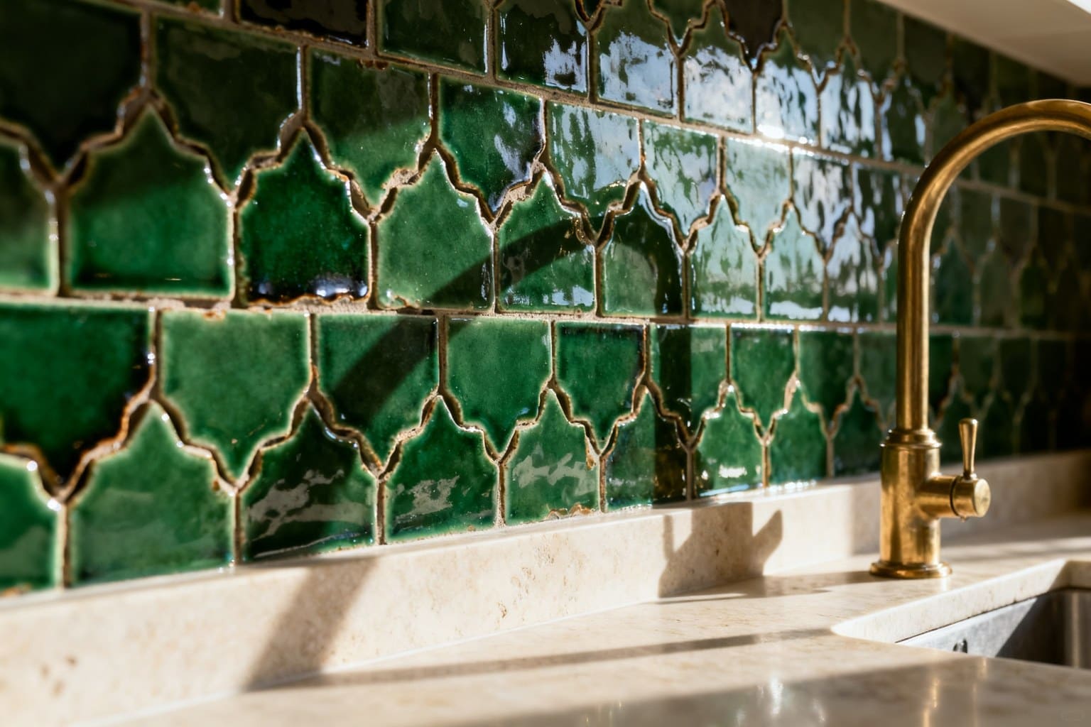 Mur de carreaux de zellige vert émaillé dans une cuisine, plan de travail en pierre claire