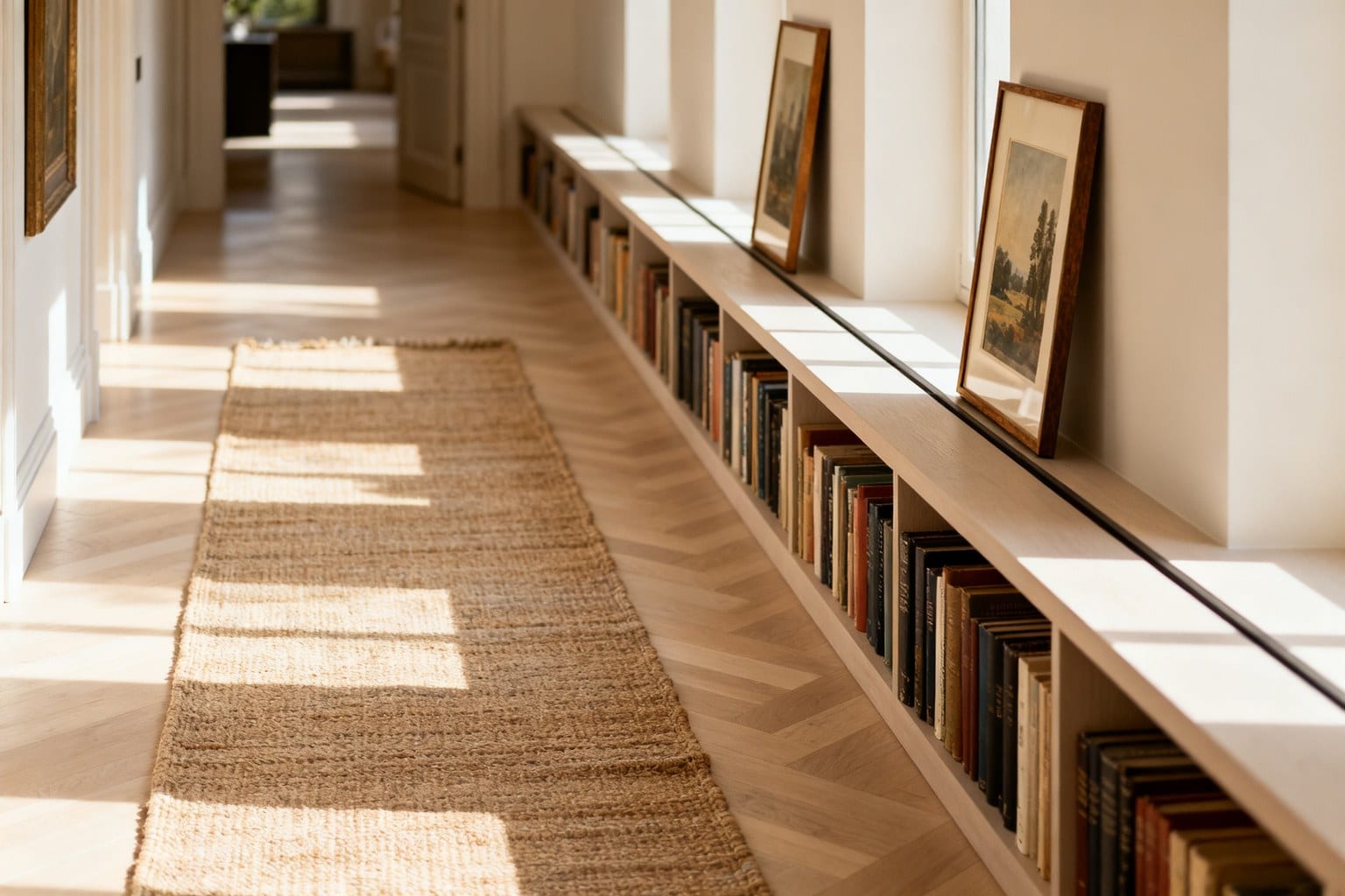 Couloir bordé d'une bibliothèque basse, tapis de jute et cadres posés sur une tablette