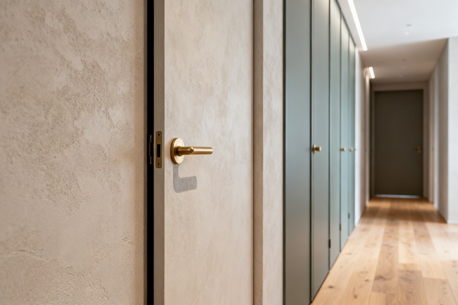 Porte escamotable à poignée en laiton dans un couloir aux portes alignées vert d'eau