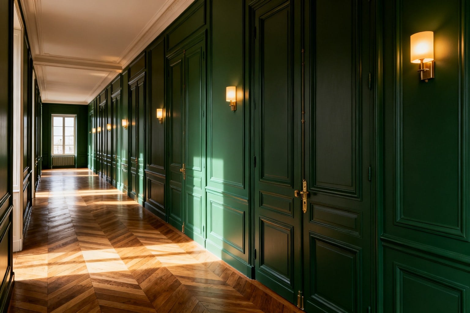 Long couloir aux portes vertes en enfilade, parquet à bâtons rompus et appliques en laiton