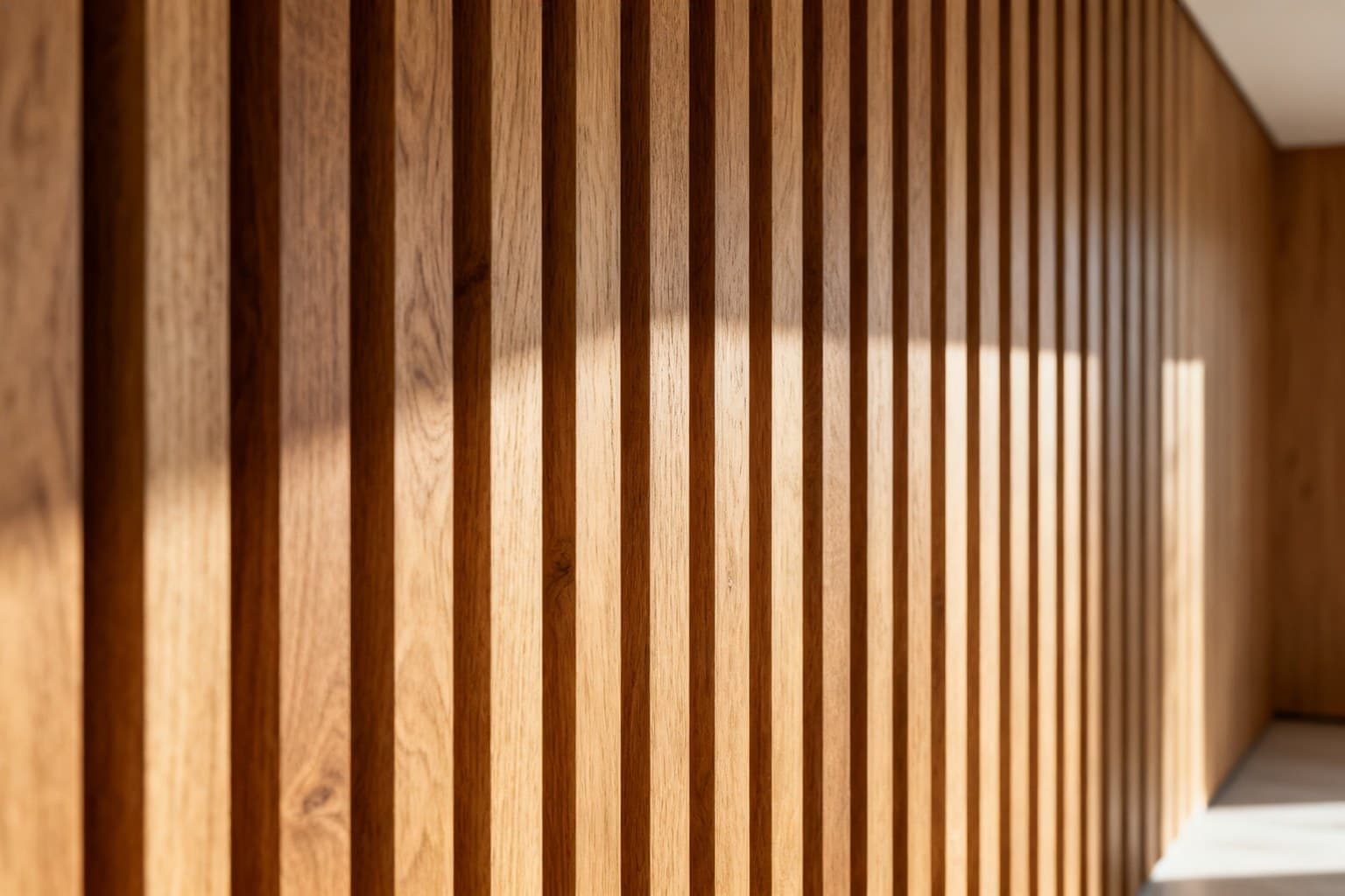 Gros plan sur des tasseaux de bois verticaux au grain marqué, éclairés par une lumière rasante