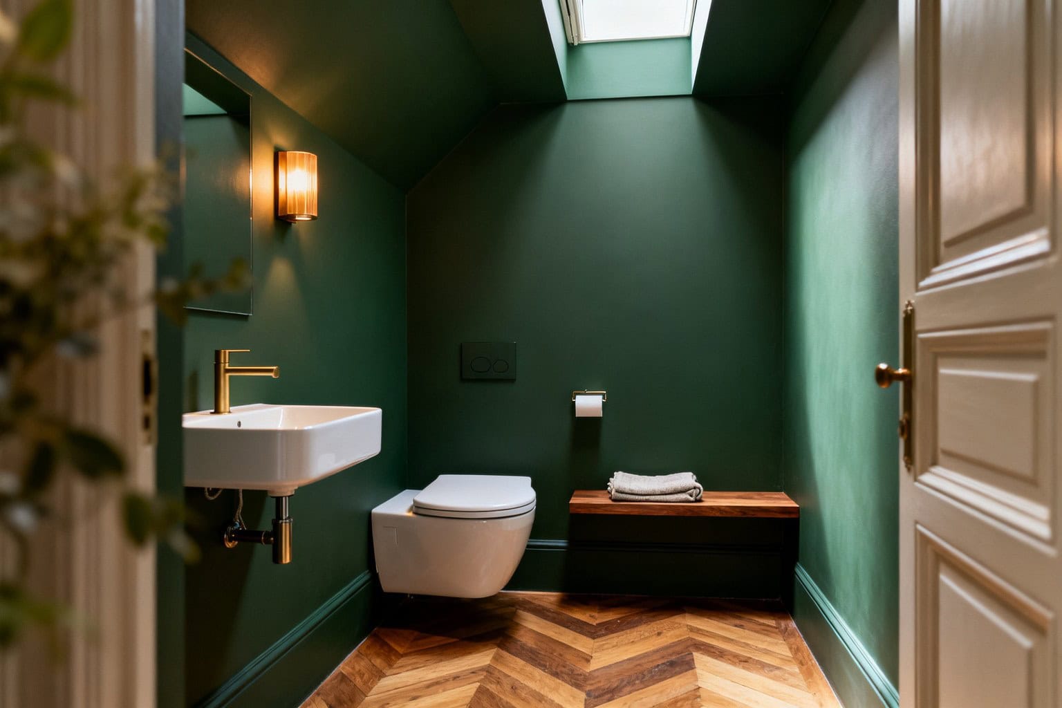 Petites toilettes peintes en vert profond avec WC suspendu, lave-mains mural et robinet doré