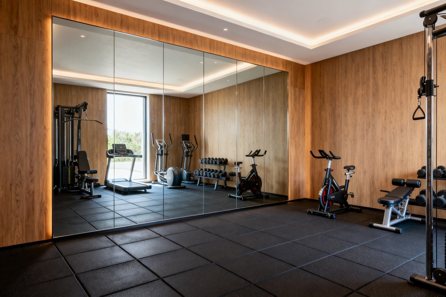 Home gym aménagé avec sol amortissant, grand miroir et équipements de fitness alignés le long du mur