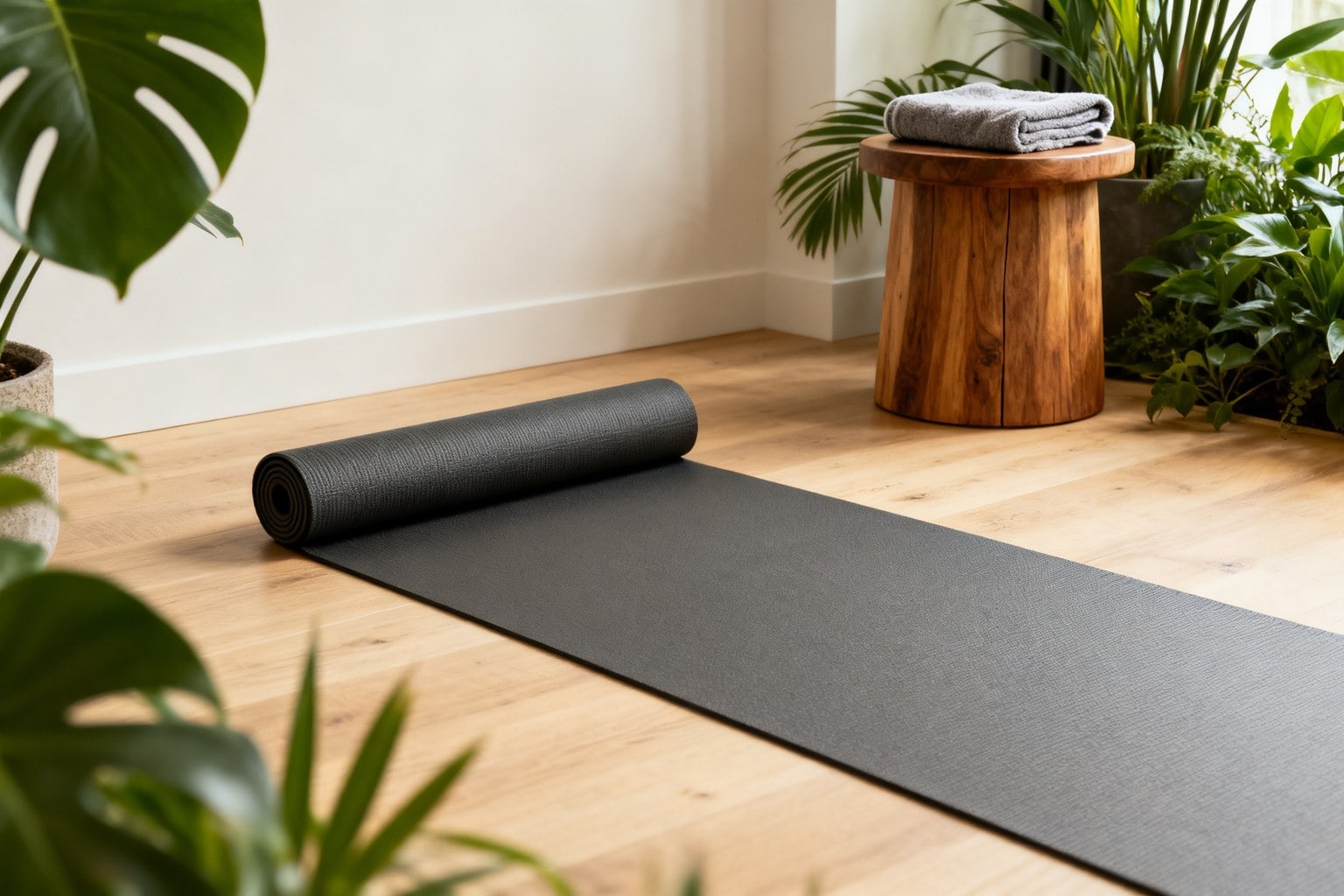 Coin récupération d'une salle de sport avec tapis déroulé, tabouret en bois et plantes vertes