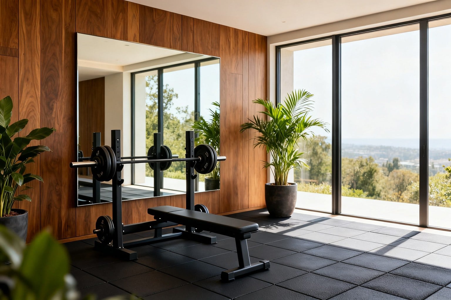 Salle de sport à domicile lumineuse avec sol en caoutchouc, miroir mural et grandes baies vitrées