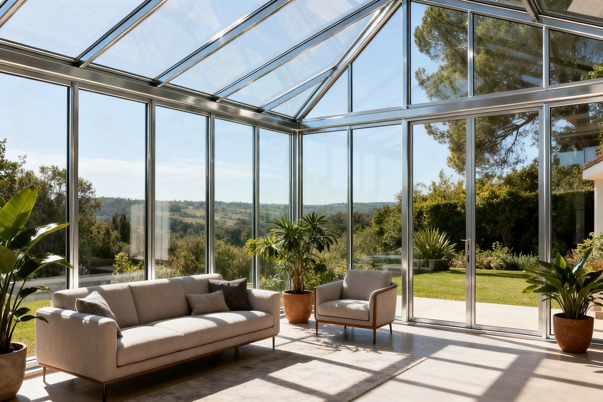 Véranda moderne à ossature métallique fine, canapé et fauteuils baignés de lumière du jour